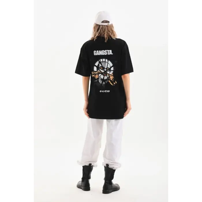 Kadın Kısa Kol Yazlık Tişört Bisiklet Yaka Baskılı Oversize T-Shirt - Siyah
