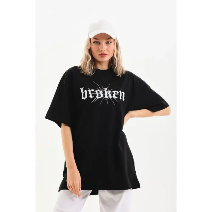 Kadın Kısa Kol Yazlık Tişört Bisiklet Yaka Baskılı Oversize T-Shirt - Siyah