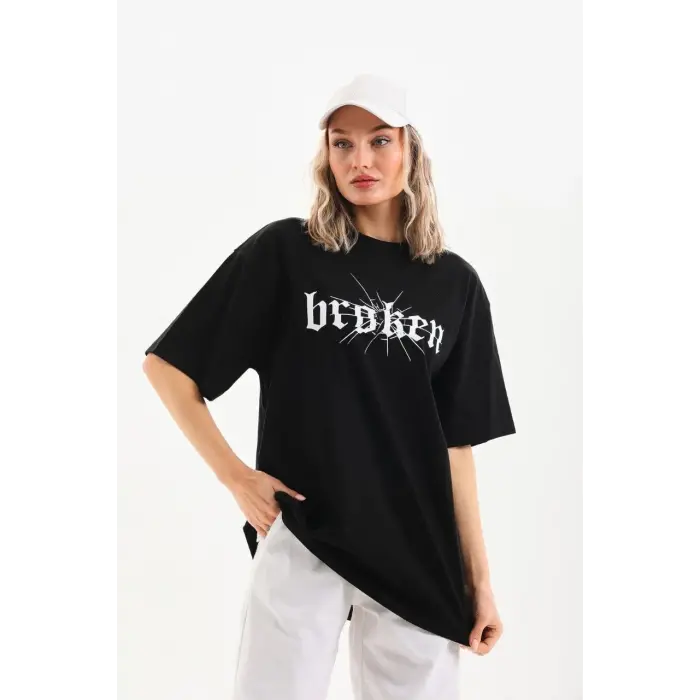 Kadın Kısa Kol Yazlık Tişört Bisiklet Yaka Baskılı Oversize T-Shirt - Siyah