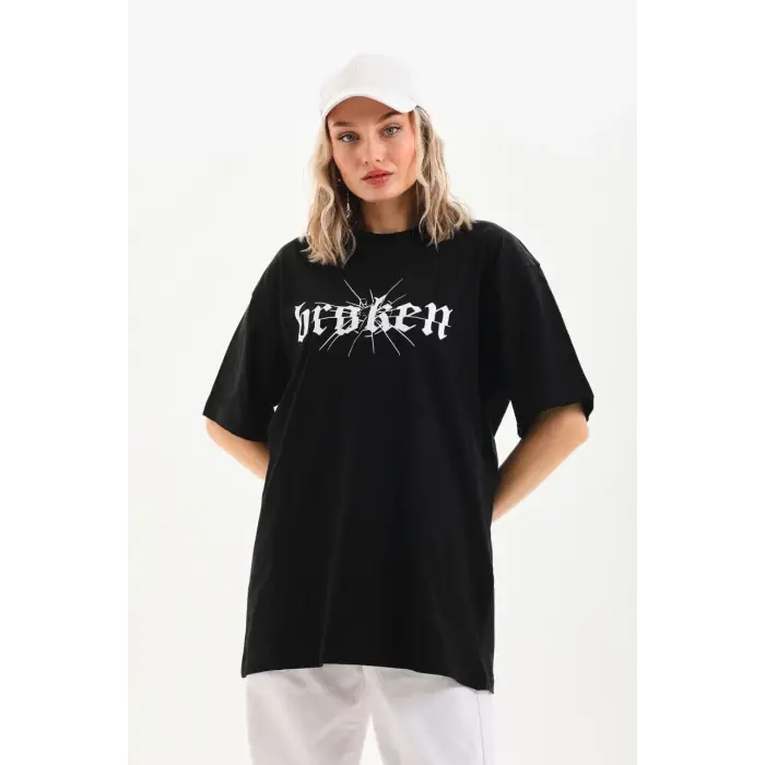 Kadın Kısa Kol Yazlık Tişört Bisiklet Yaka Baskılı Oversize T-Shirt - Siyah
