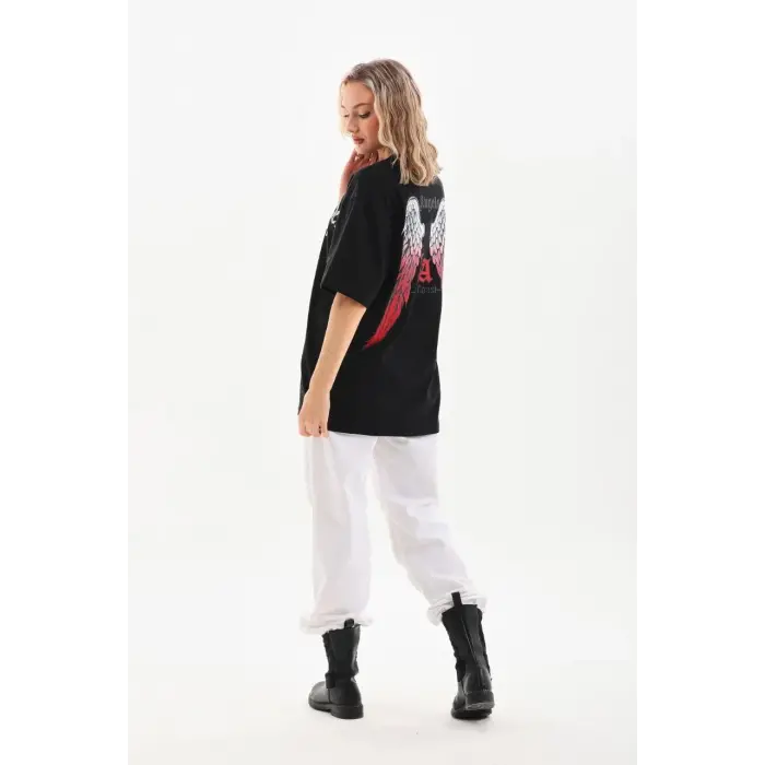 Kadın Baskılı Tişört Kısa Kol Bisiklet Yaka Oversize T-Shirt - Siyah