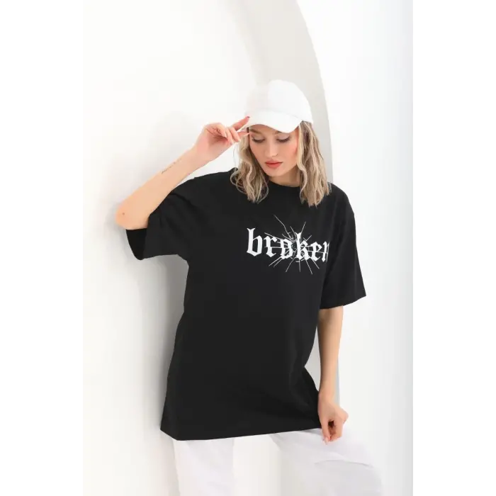 Kadın Kısa Kol Yazlık Tişört Bisiklet Yaka Baskılı Oversize T-Shirt - Siyah