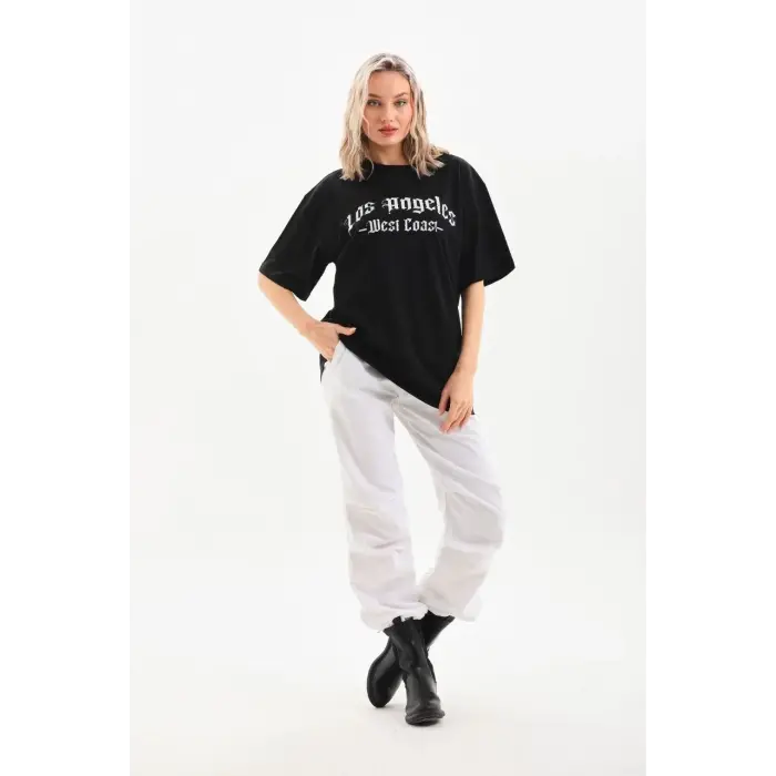 Kadın Baskılı Tişört Kısa Kol Bisiklet Yaka Oversize T-Shirt - Siyah