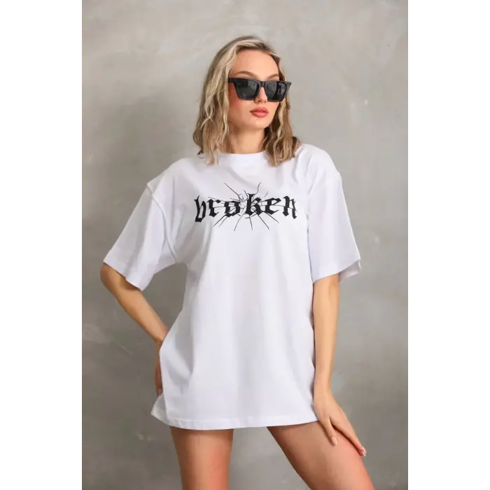 Kadın Kısa Kol Yazlık Tişört Bisiklet Yaka Baskılı Oversize T-Shirt - Beyaz