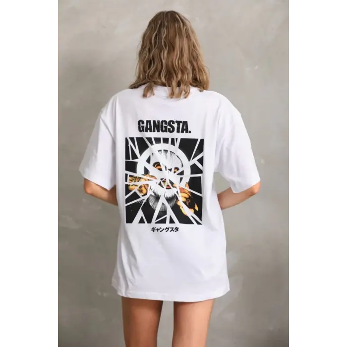 Kadın Kısa Kol Yazlık Tişört Bisiklet Yaka Baskılı Oversize T-Shirt - Beyaz