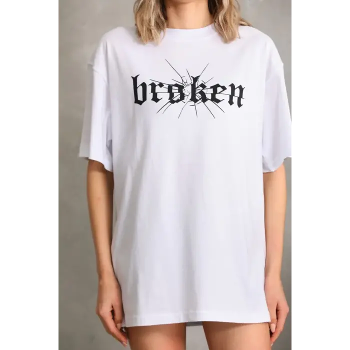 Kadın Kısa Kol Yazlık Tişört Bisiklet Yaka Baskılı Oversize T-Shirt - Beyaz