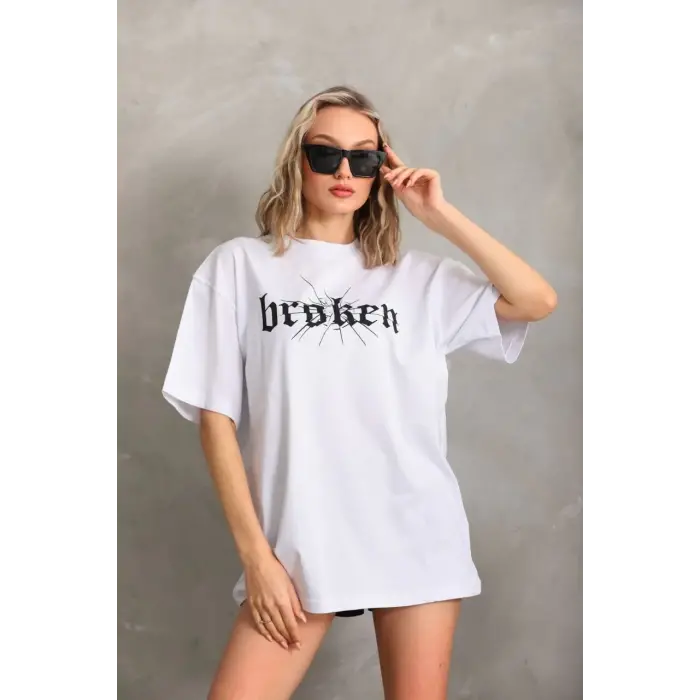 Kadın Kısa Kol Yazlık Tişört Bisiklet Yaka Baskılı Oversize T-Shirt - Beyaz
