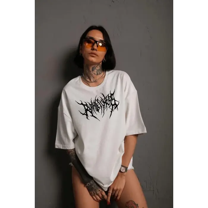 Kadın Baskılı T-Shirt Kısa Kol Bisiklet Yaka Oversize Rahat Kalıp Günlük Tişört   - Beyaz