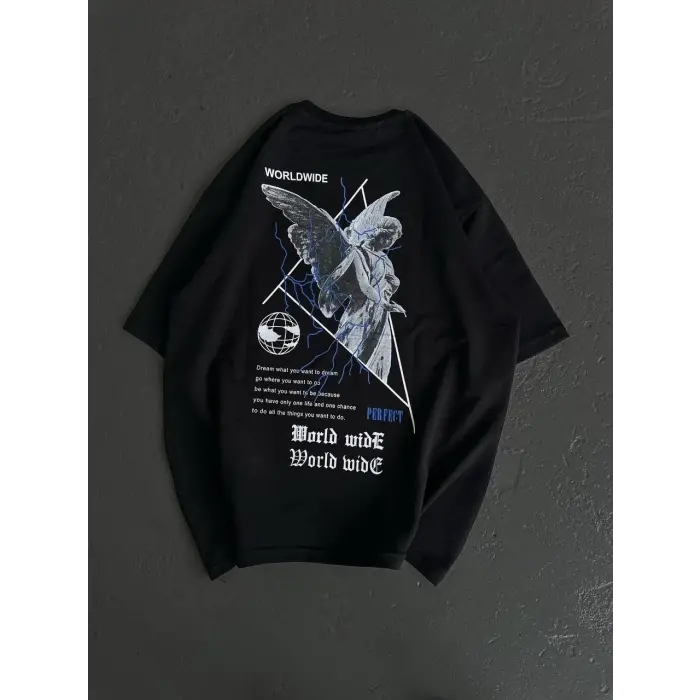 Kadın Baskılı T-Shirt Kısa Kol Bisiklet Yaka Oversize Rahat Kalıp Günlük Tişört   - Siyah