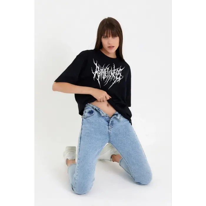 Kadın Baskılı T-Shirt Kısa Kol Bisiklet Yaka Oversize Rahat Kalıp Günlük Tişört   - Siyah