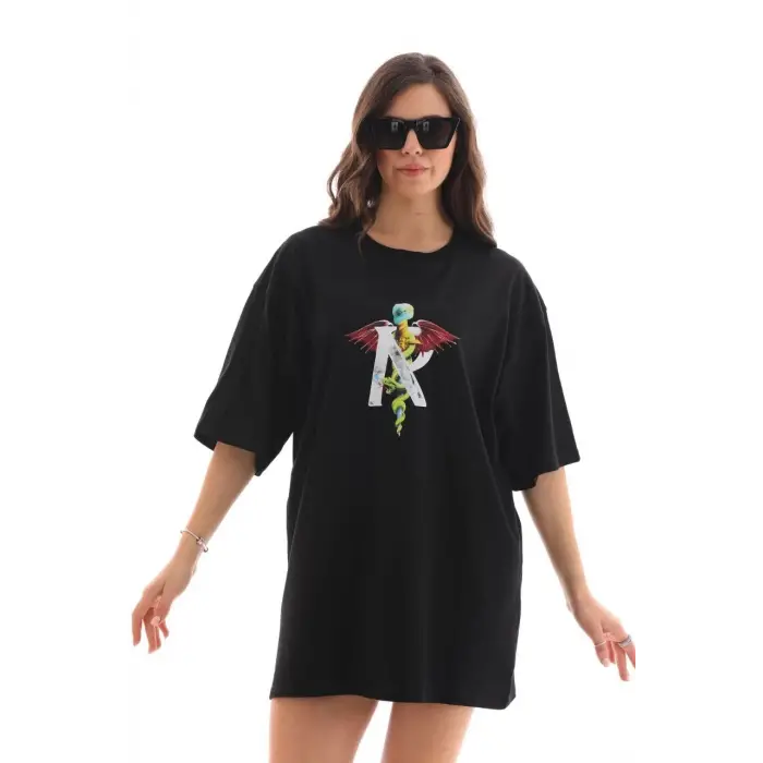 Kadın Baskılı T-Shirt Kısa Kol Bisiklet Yaka Regular Fit Rahat Kalıp Günlük Tişört -Siyah