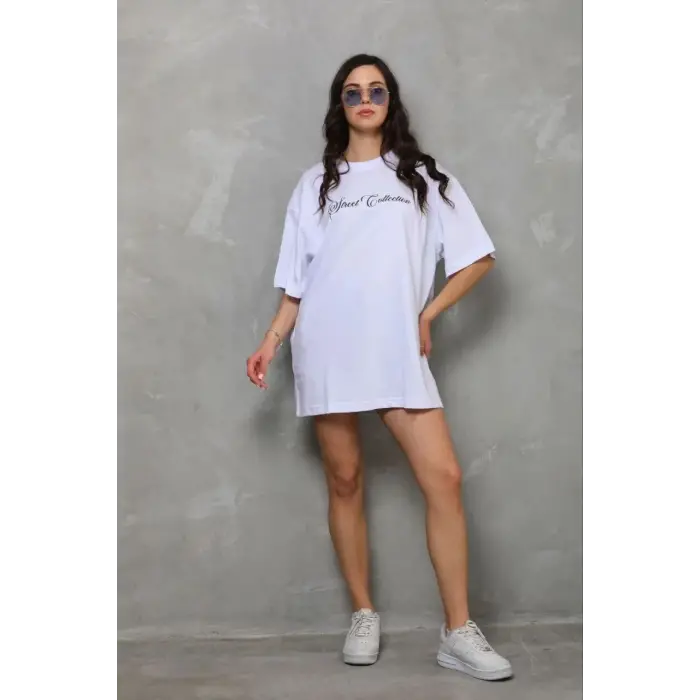 Kadın Kısa Kol Yazlık Tişört Bisiklet Yaka Baskılı Oversize T-Shirt - Beyaz