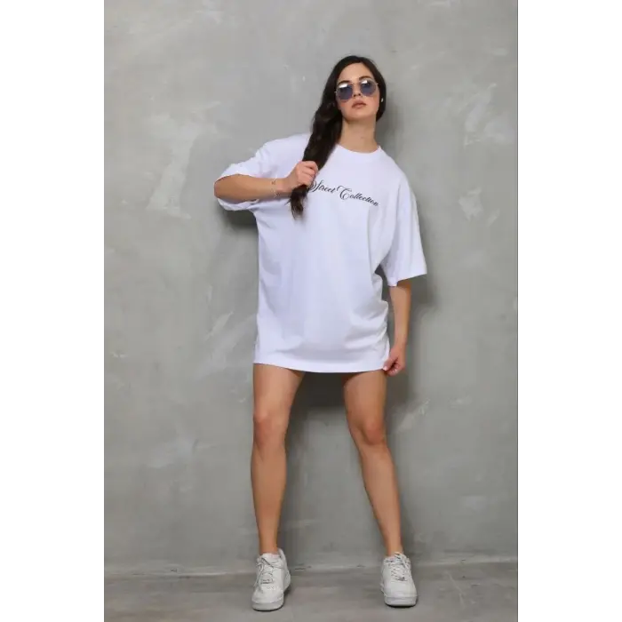 Kadın Kısa Kol Yazlık Tişört Bisiklet Yaka Baskılı Oversize T-Shirt - Beyaz