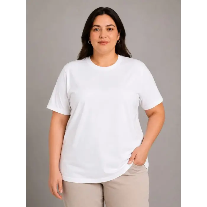 Kadın Battal Big Size Basic Tişört Bisiklet Yaka Rahat Kalıp T-Shirt - Beyaz