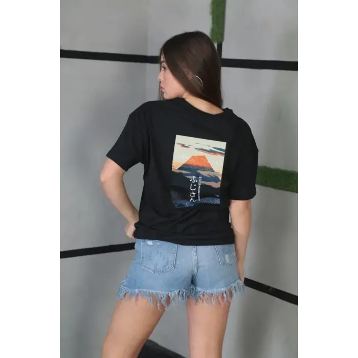 Kadın Bisiklet Yaka Baskılı Kısa kol Oversize T-Shirt - Siyah