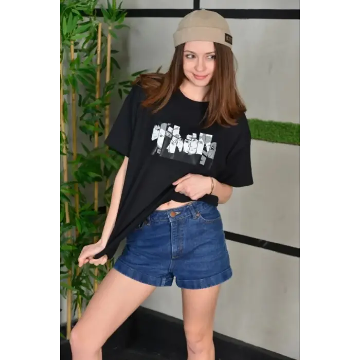 Kadın Bisiklet Yaka Baskılı  Kısa kol Oversize T-Shirt - Siyah