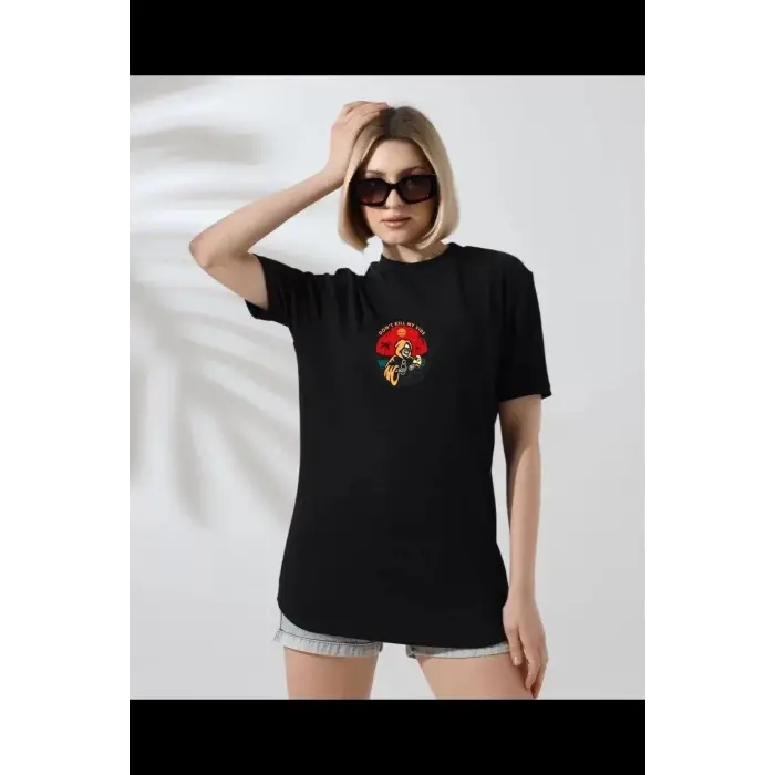 Kadın Bisiklet Yaka Baskılı  kısa kol T-Shirt - Siyah