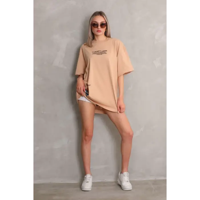 kadın Bisiklet Yaka Baskılı Oversize Kısa kol T-Shirt - Bej