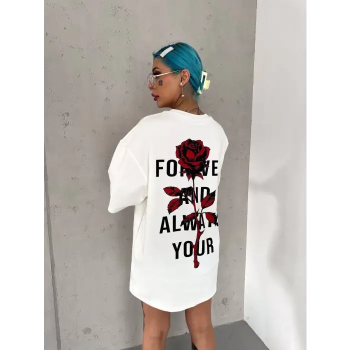 kadın Bisiklet Yaka Baskılı Oversize Kısa kol  T-Shirt - Beyaz