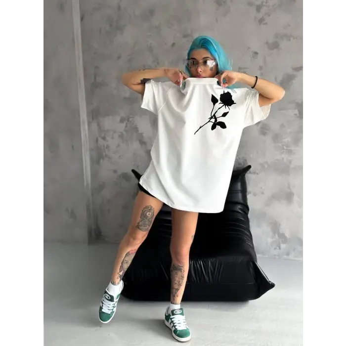 kadın Bisiklet Yaka Baskılı Oversize  Kısa kol T-Shirt - Beyaz