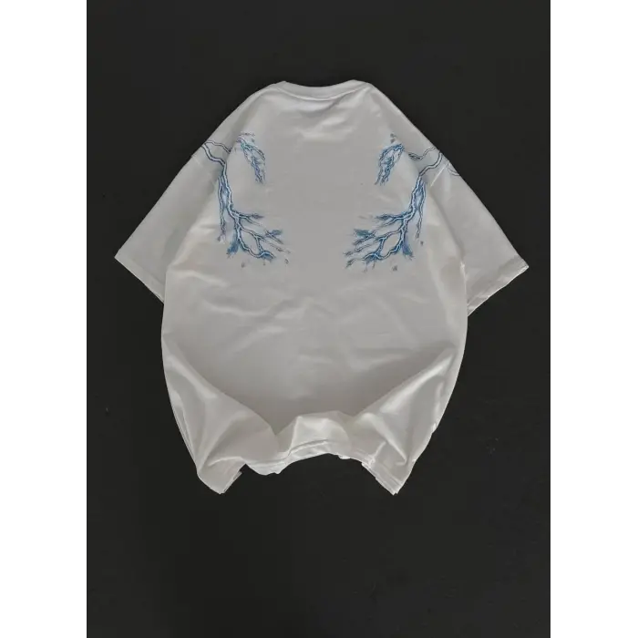 Kadın Tişort Bisiklet Yaka Yıldırım Şimşek Baskılı Kısa kol T-Shirt - Beyaz