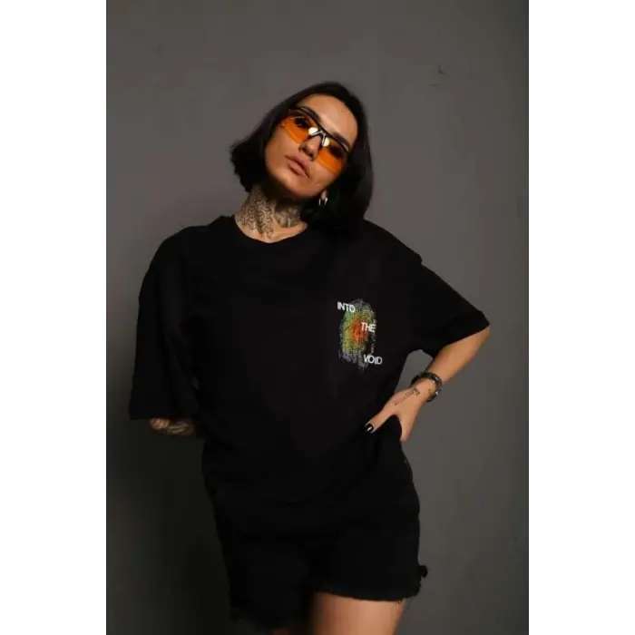 kadın Bisiklet Yaka Baskılı Oversize Kısa kol T-Shirt - Siyah
