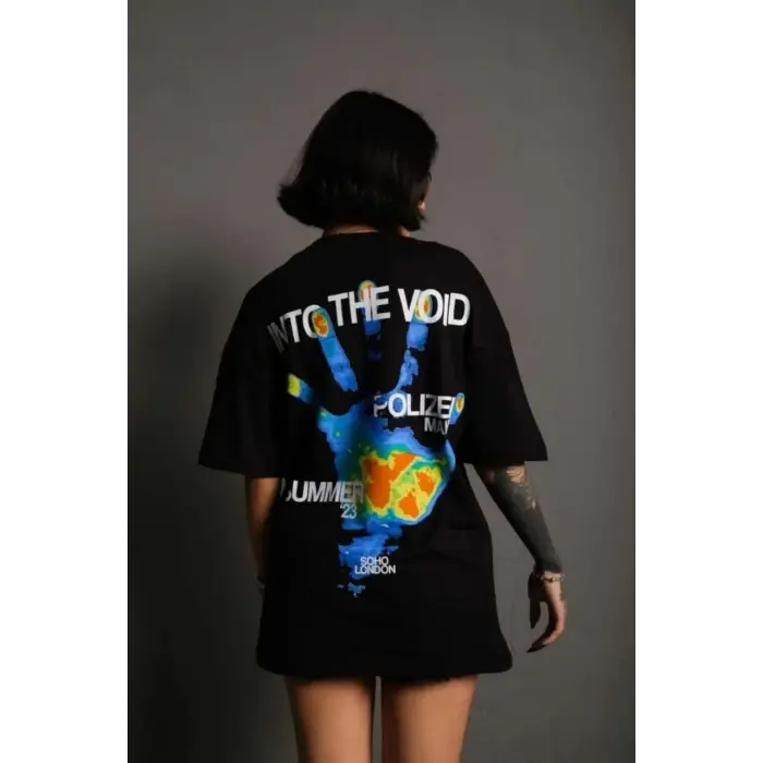 kadın Bisiklet Yaka Baskılı Oversize Kısa kol T-Shirt - Siyah
