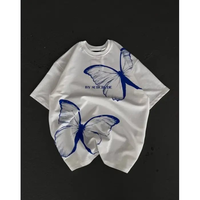 kadın  Bisiklet Yaka Baskılı Oversize T-Shirt - Beyaz