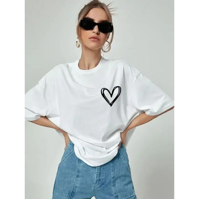 Kadın Tişört Bisiklet Yaka Baskılı Oversize T-Shirt - Beyaz