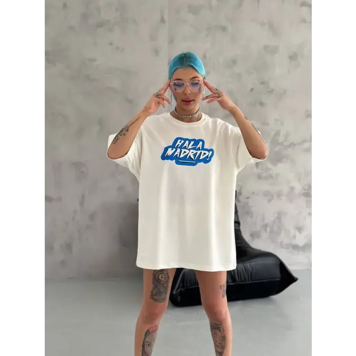 Kadın Kısa Kol Yazlık Tişört Bisiklet Yaka Baskılı Oversize T-Shirt - Beyaz