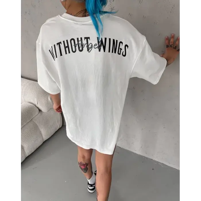 Kadın Kısa Kol Yazlık Tişört Bisiklet Yaka Baskılı Oversize T-Shirt - Beyaz