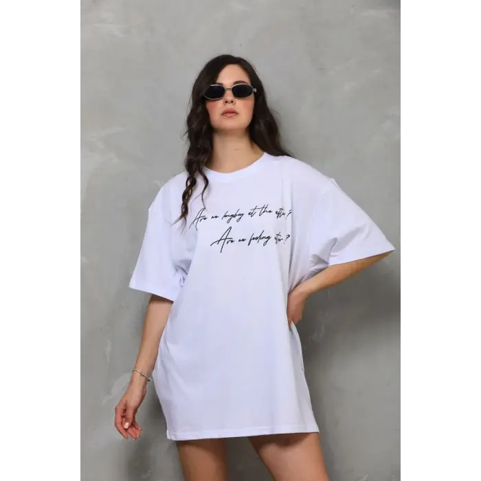 Kadın Kısa Kol Yazlık Tişört Bisiklet Yaka Baskılı Oversize T-Shirt - Beyaz
