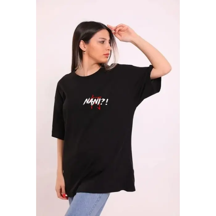 Kadın Kısa Kol Yazlık Tişört Bisiklet Yaka Baskılı Oversize T-Shirt - Siyah