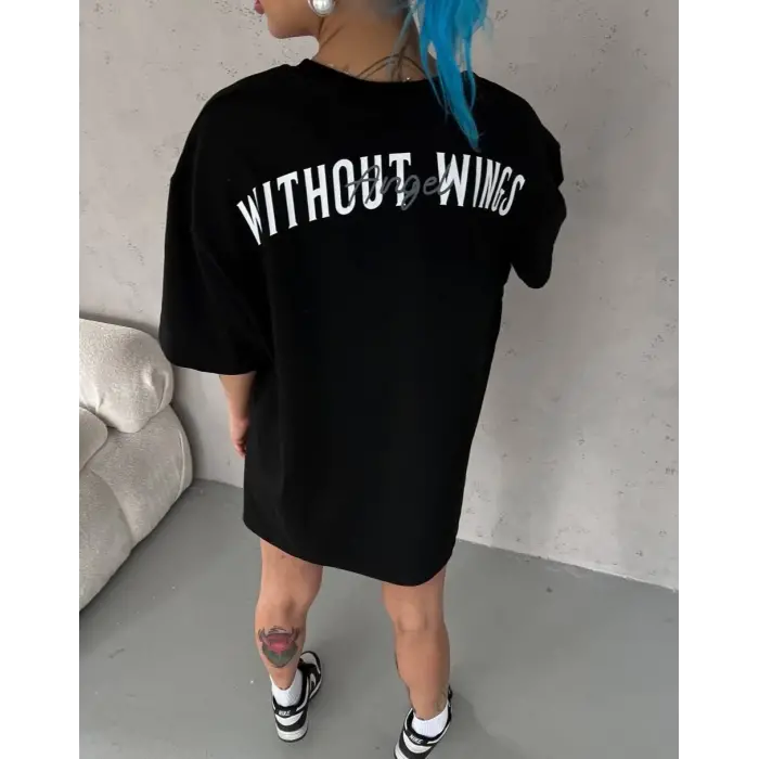 Kadın Kısa Kol Yazlık Tişört Bisiklet Yaka Baskılı Oversize T-Shirt -  Siyah
