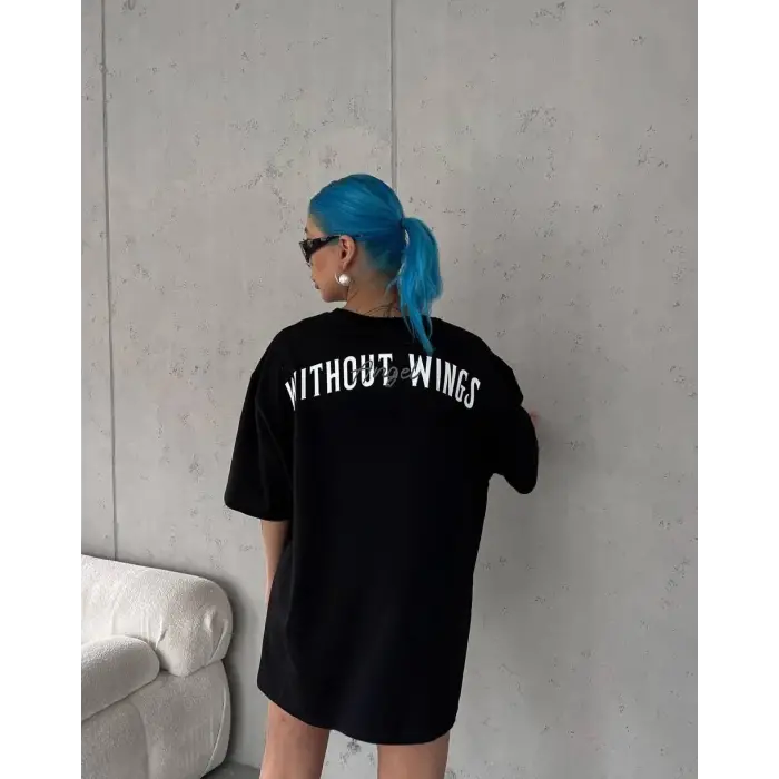 Kadın Kısa Kol Yazlık Tişört Bisiklet Yaka Baskılı Oversize T-Shirt -  Siyah