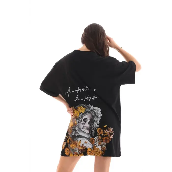 Kadın Kısa Kol Yazlık Tişört Bisiklet Yaka Baskılı Oversize T-Shirt - Siyah
