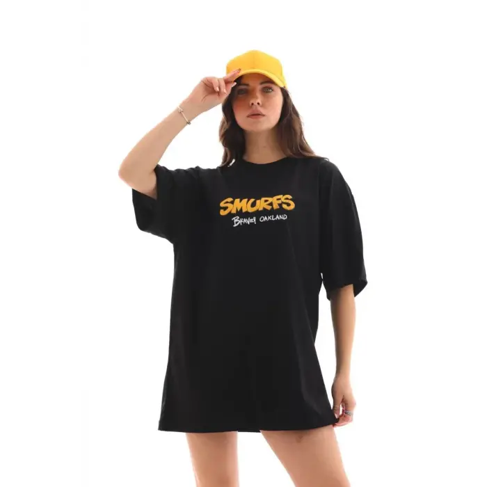 Kadın Kısa Kol Yazlık Tişört Bisiklet Yaka Baskılı Oversize T-Shirt - Siyah