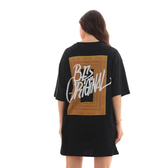 Kadın Baskılı T-Shirt Kısa Kol Bisiklet Yaka Oversize Rahat Kalıp Tişört - Siyah