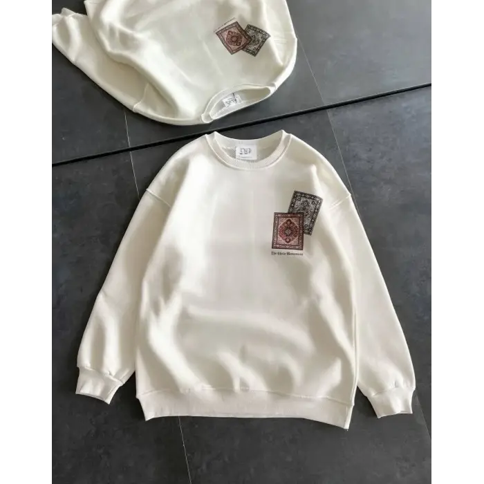 Kadın Bisiklet Yaka Kilim Halı Baskılı 3 İplik Pamuklu Sweatshirt - Beyaz
