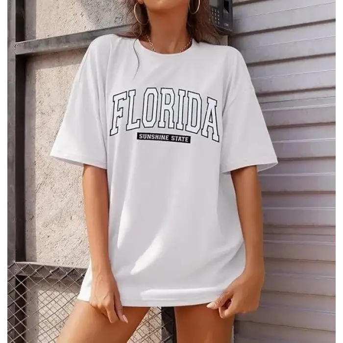 Kadın Kısa Kol Yazlık Tişört Bisiklet Yaka FLORIDA Baskılı T-Shirt - Beyaz