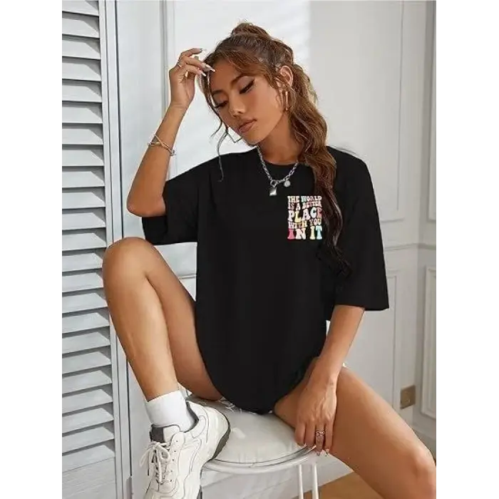 Kadın Baskılı T-Shirt Kısa Kol Bisiklet Yaka Oversize Rahat Kalıp Tişört - Siyah
