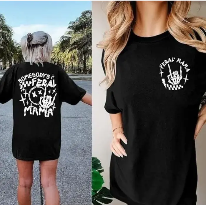 Kadın Baskılı T-Shirt Kısa Kol Bisiklet Yaka Oversize Rahat Kalıp Tişört - Siyah