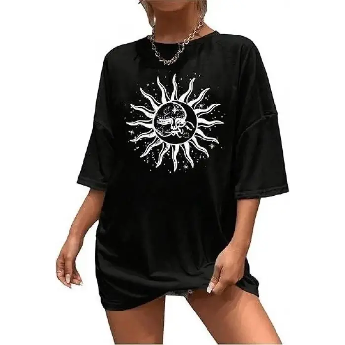Kadın Baskılı T-Shirt Kısa Kol Bisiklet Yaka Regular Fit Rahat Kalıp Tişört - Siyah