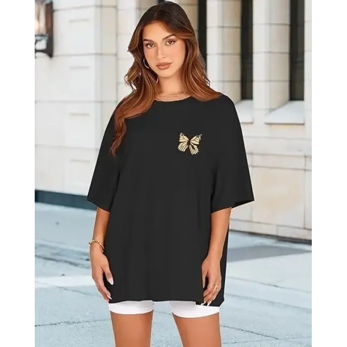 Kadın Baskılı T-Shirt Kısa Kol Bisiklet Yaka Oversize Rahat Kalıp Tişört - Siyah