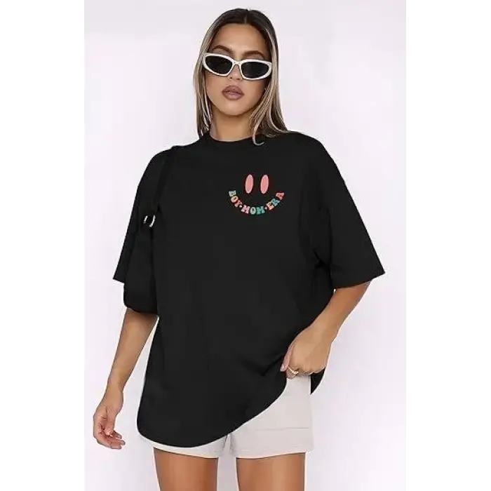 Kadın Baskılı T-Shirt Kısa Kol Bisiklet Yaka Oversize Rahat Kalıp Tişört - Siyah