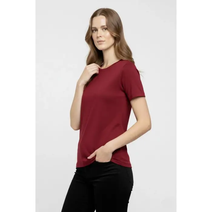 Kadın T-Shirt Bisiklet Yaka Slim Fit Likralı Tişört Yazlık Basic Body - Bordo