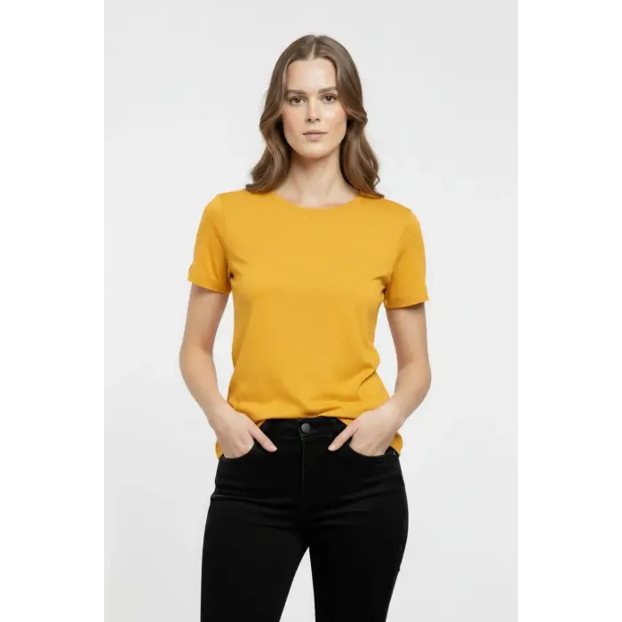 Kadın T-Shirt Bisiklet Yaka Slim Fit Likralı Tişört Yazlık Basic Body - Sarı