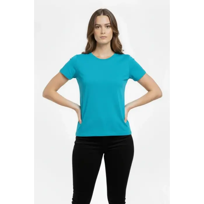 Kadın T-Shirt Bisiklet Yaka Slim Fit Likralı Tişört Yazlık Basic Body - Turkuvaz