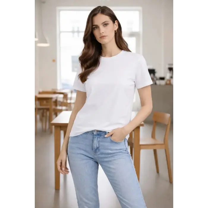 Kadın Bisiklet Yaka Yazlık Kısa kol Düz Tişört Regular Kalıp T-shirt - Beyaz
