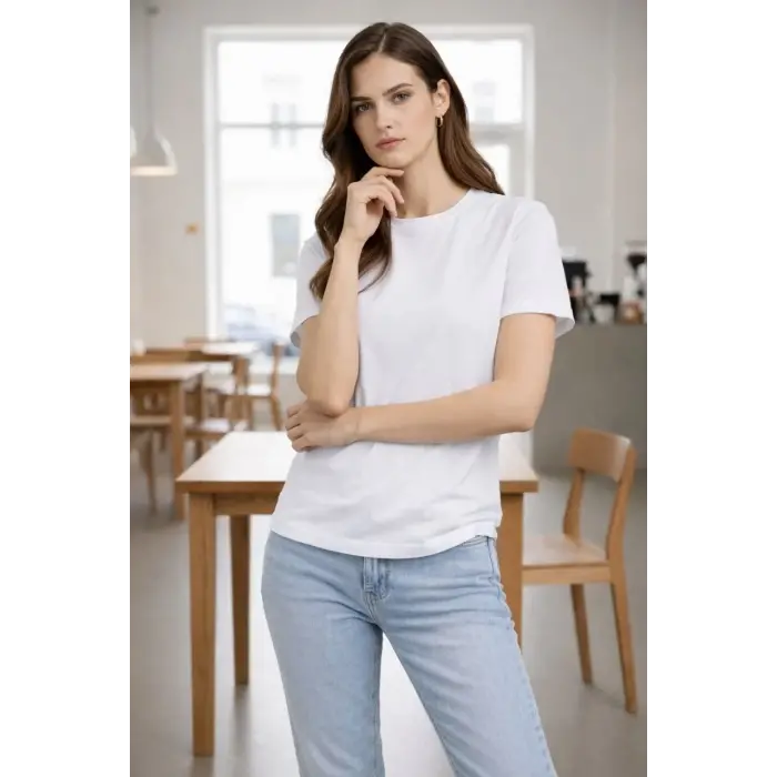 Kadın Bisiklet Yaka Yazlık Kısa kol Düz Tişört Regular Kalıp T-shirt - Beyaz
